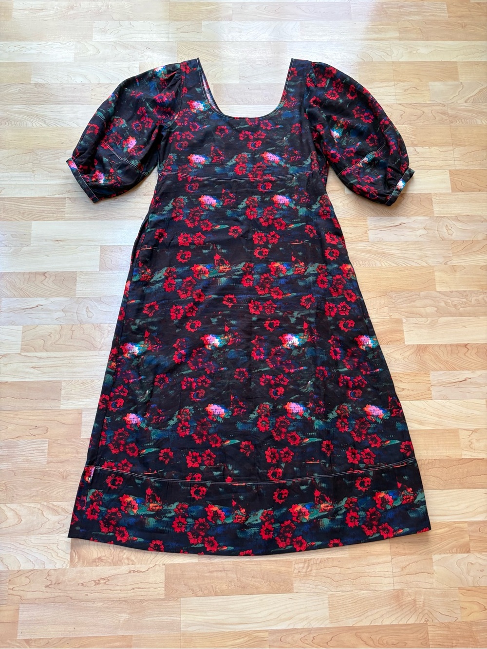 Rachel Comey Black Dress with Red Floral Print and Puff Sleeves - Picture 2 of 3